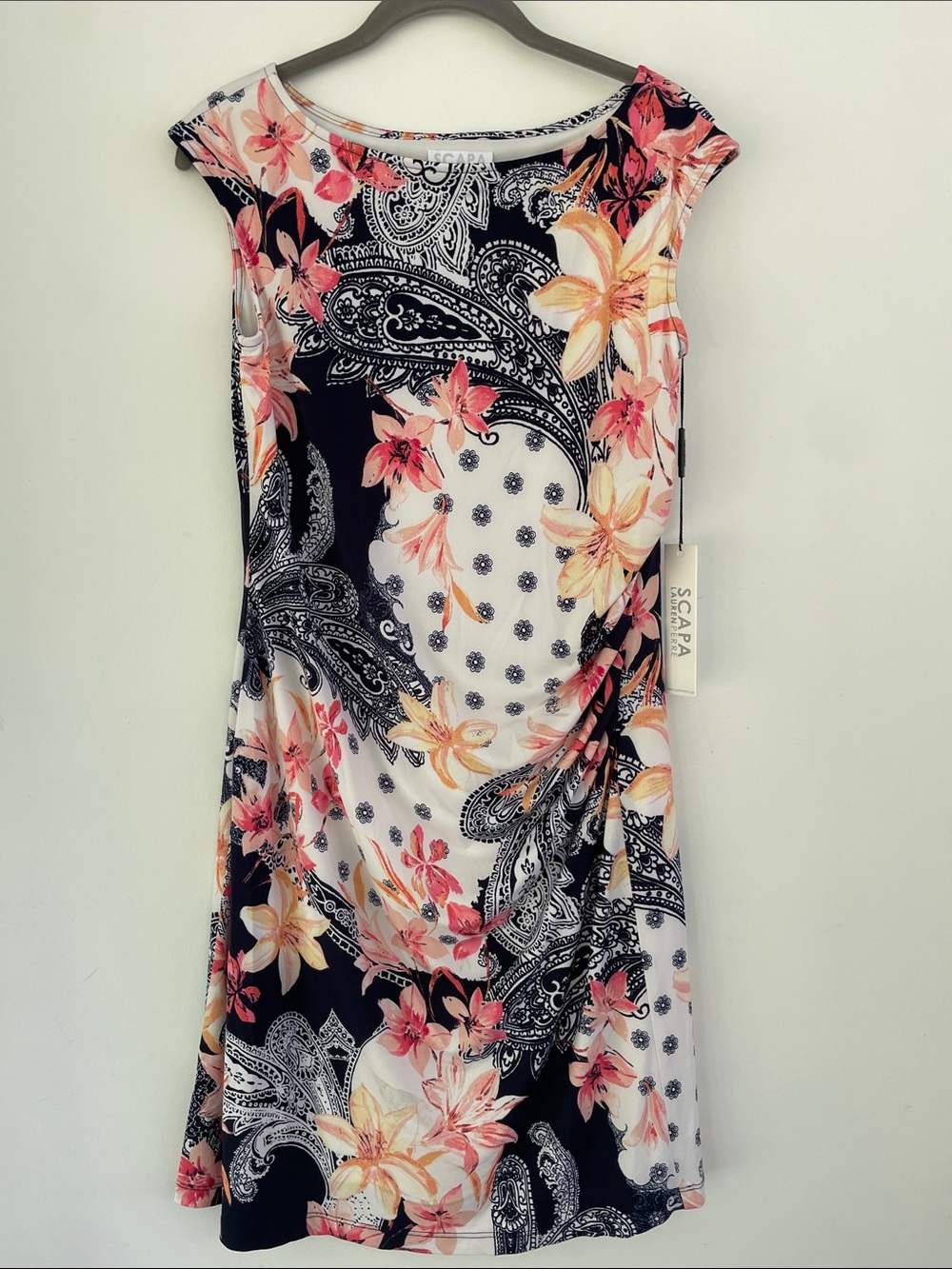 SCAPA Lauren Perre Floral Paisley Midi Dress in Navy Pink NEW Medium